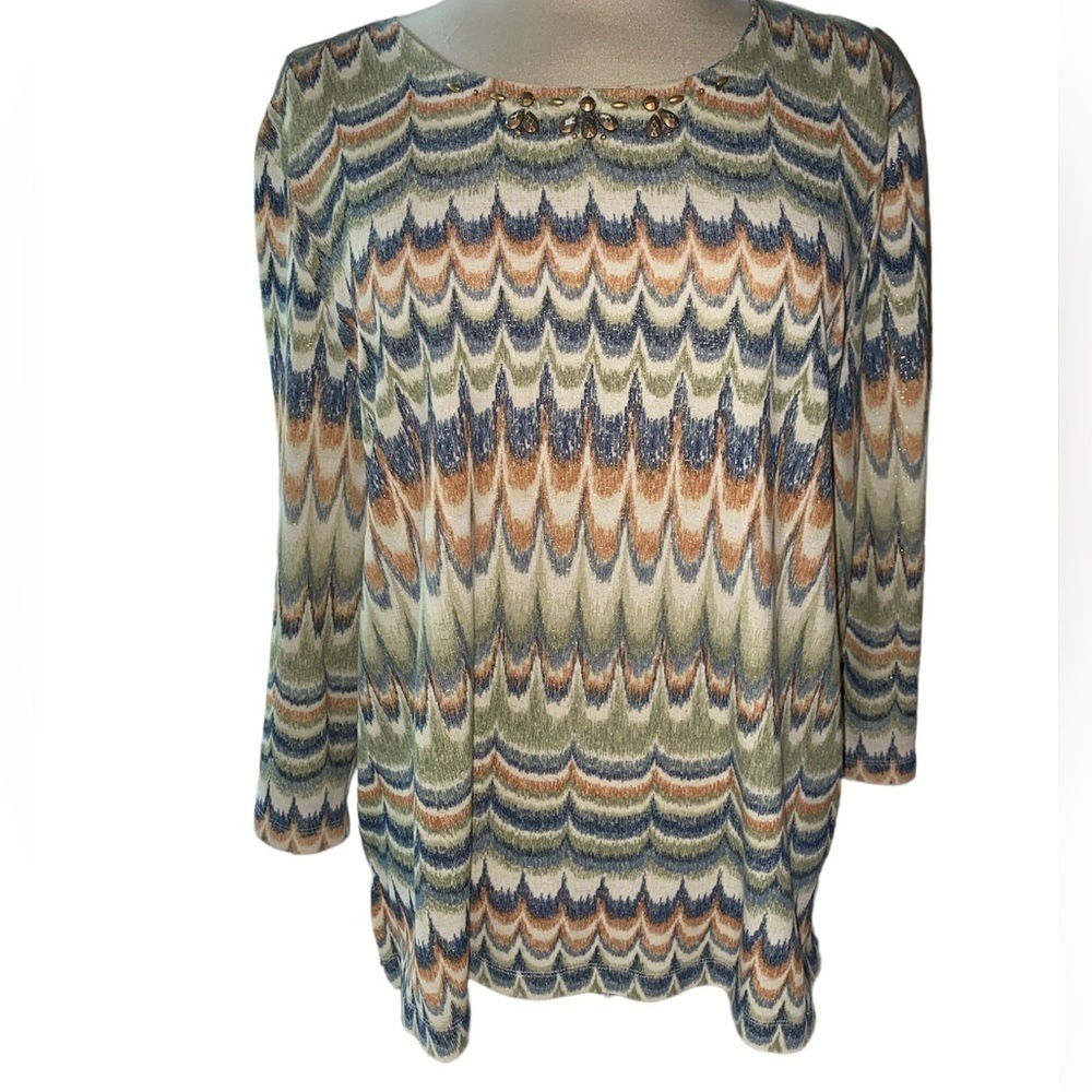 Alfred Dunner blouse 3/4” sleeves rounded neckline w/embellishment Sz XLarge